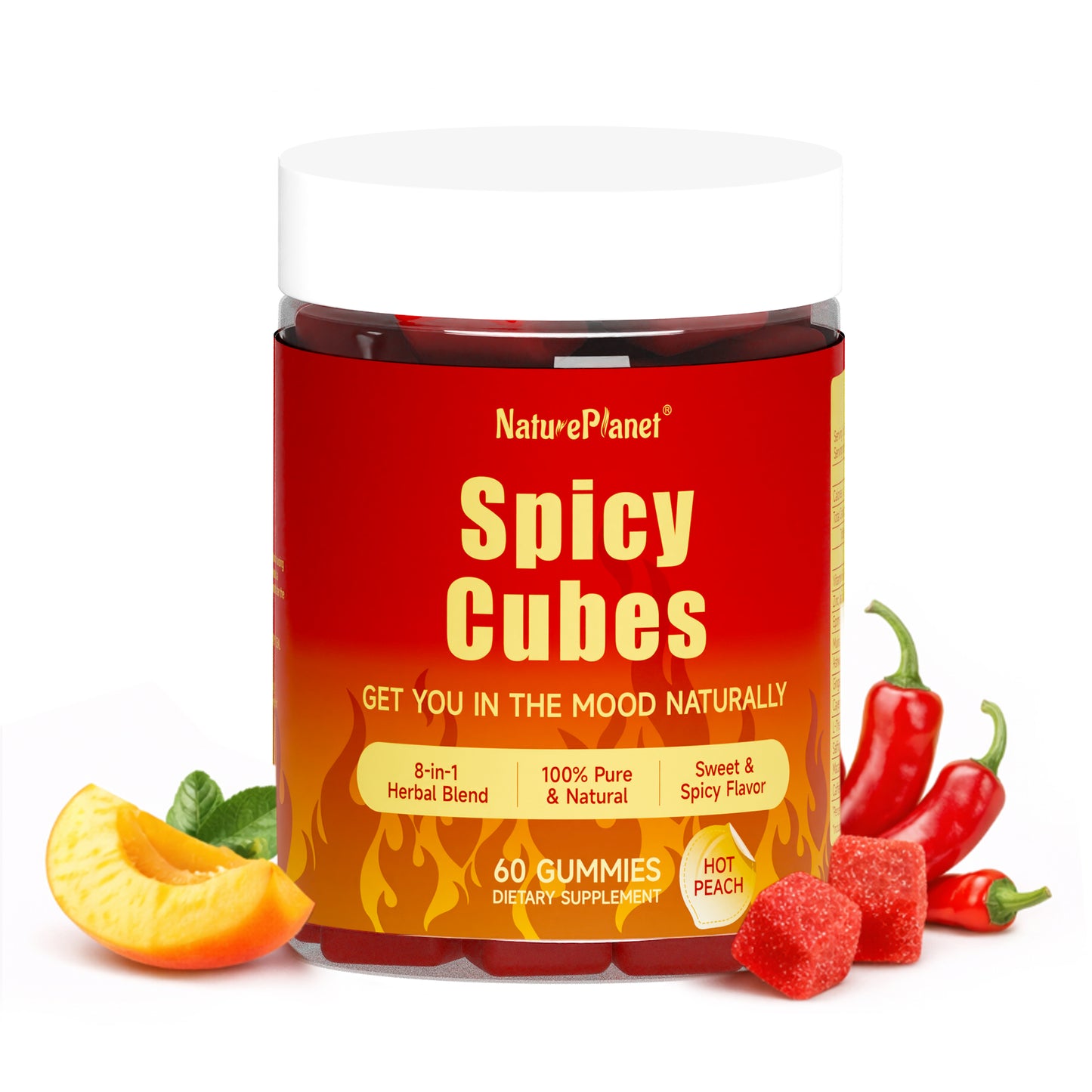 NaturePlanet 8-in-1 Spicy Cubes - Couples & Date Night | with Muira Puama, Maca Root & 8 Botanicals for Energy, Mood & Vitality | Spicy Gummies for Adults, Hot Peach Flavor, 60 Gummies