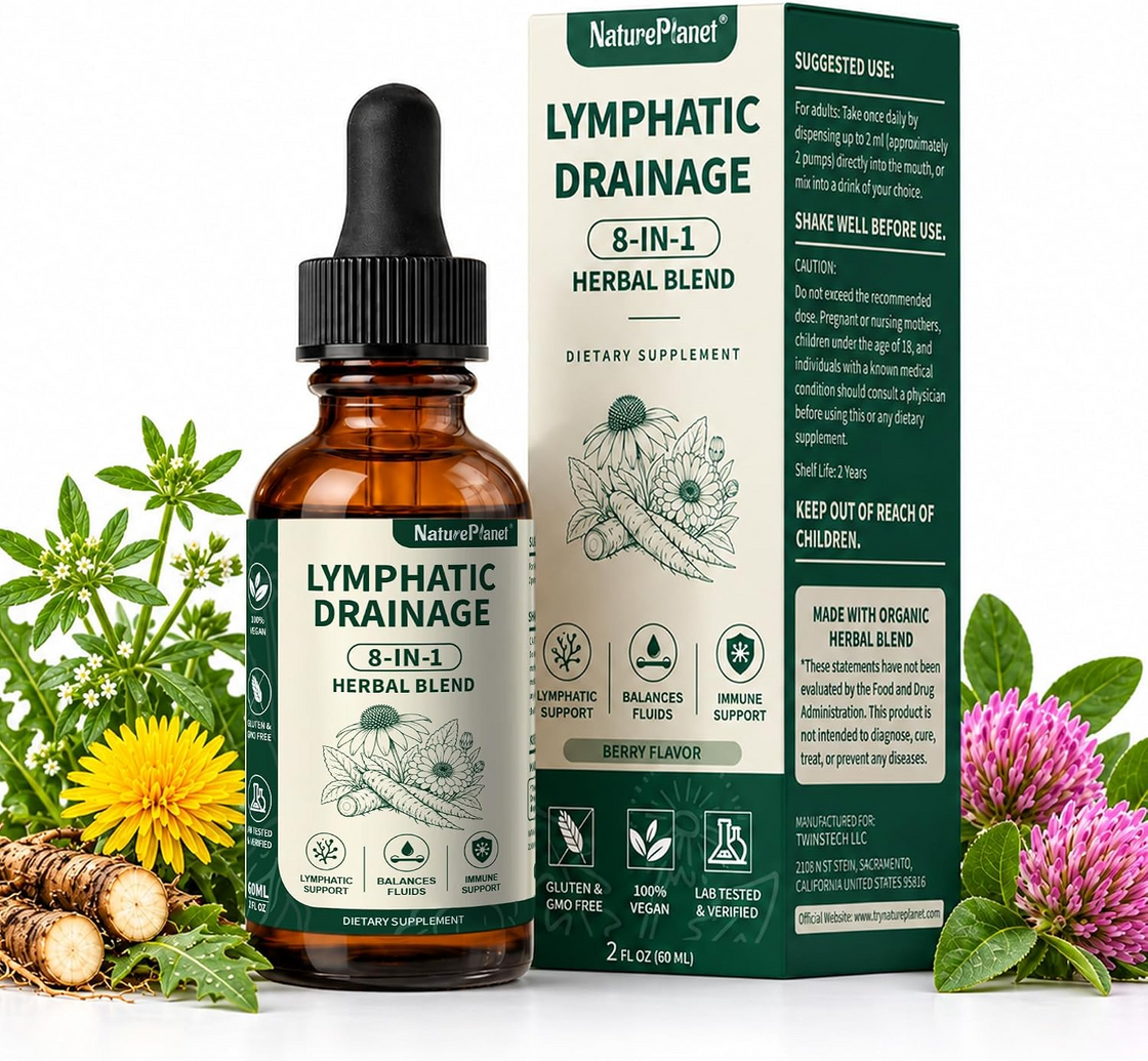 NaturePlanet 8-in-1 Lymphatic Drainage Drops with Cleavers, 60 mL