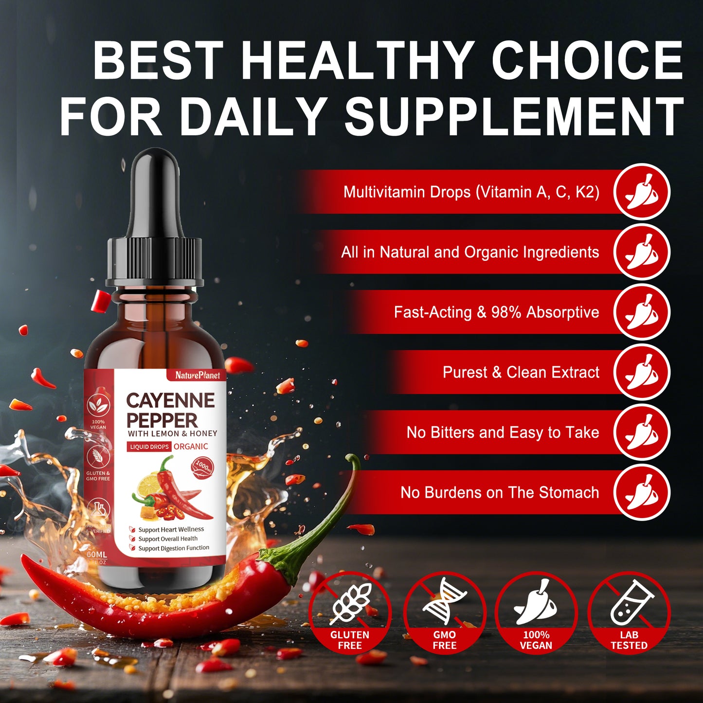 Tik Tok Exclusive - Cayenne Multivitamin Drops 丨 Heart & Digestion Support 丨 Organic, Vegan - 60 ml