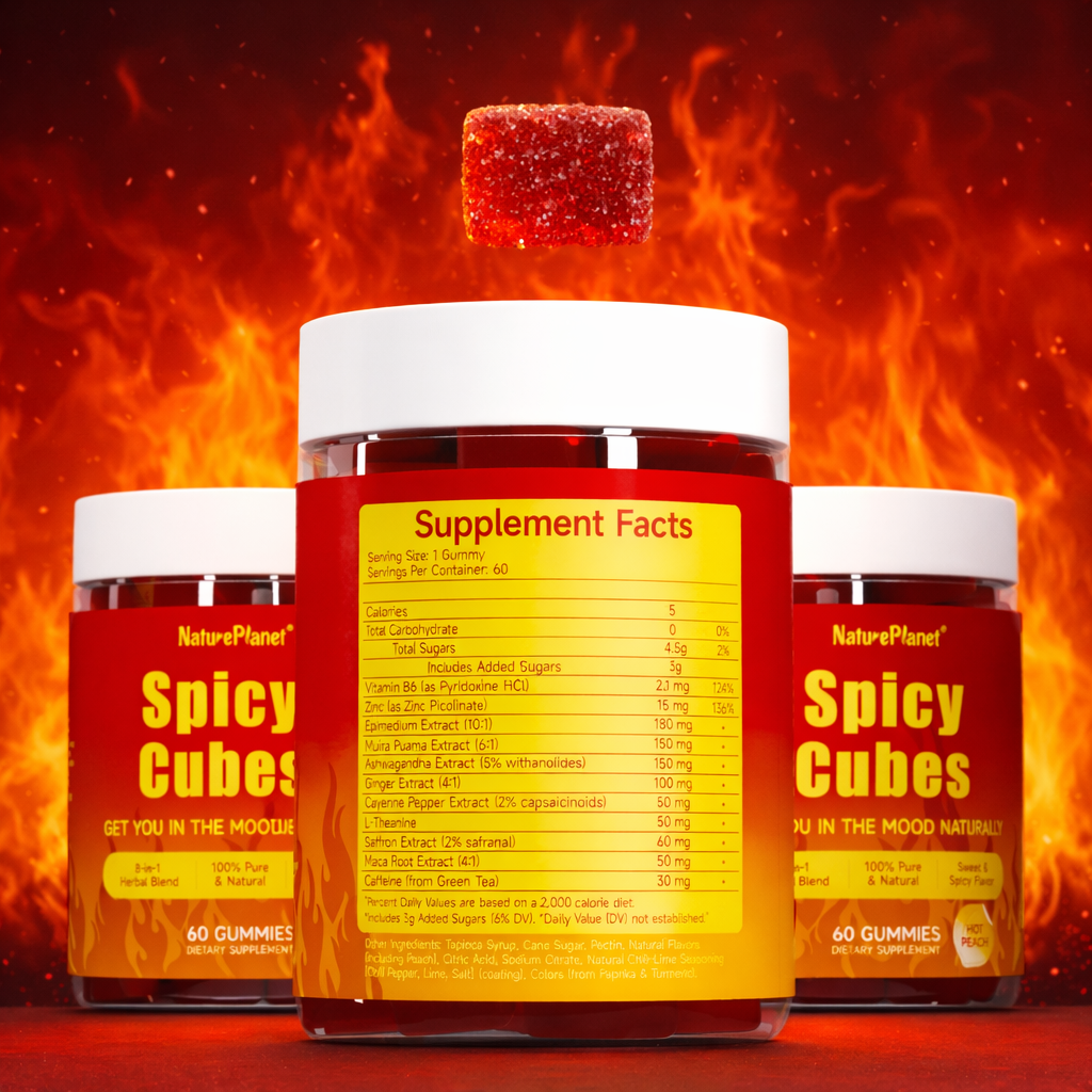 NaturePlanet 8-in-1 Spicy Cubes - Couples & Date Night | with Muira Puama, Maca Root & 8 Botanicals for Energy, Mood & Vitality | Spicy Gummies for Adults, Hot Peach Flavor, 60 Gummies