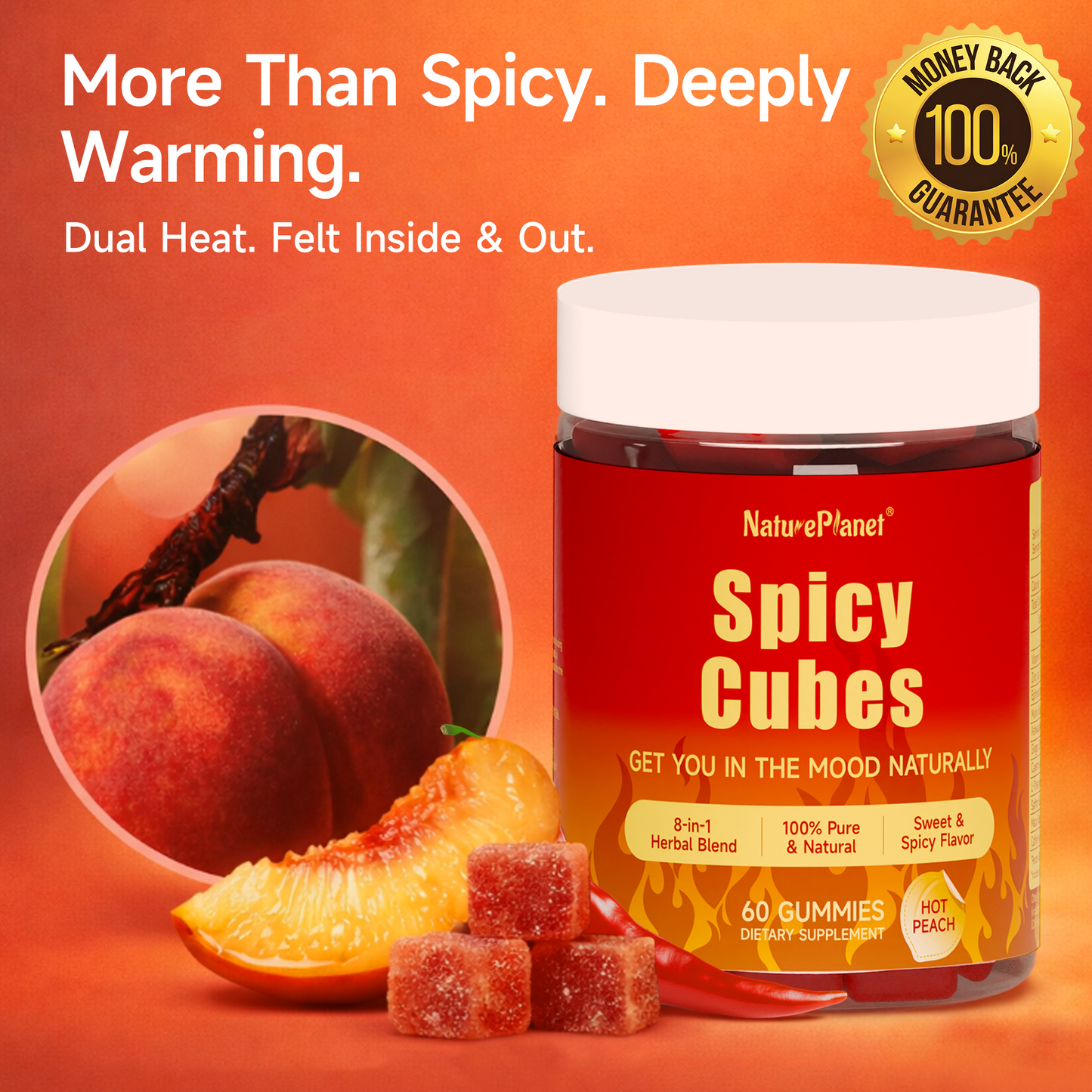NaturePlanet 8-in-1 Spicy Cubes - Couples & Date Night | with Muira Puama, Maca Root & 8 Botanicals for Energy, Mood & Vitality | Spicy Gummies for Adults, Hot Peach Flavor, 60 Gummies