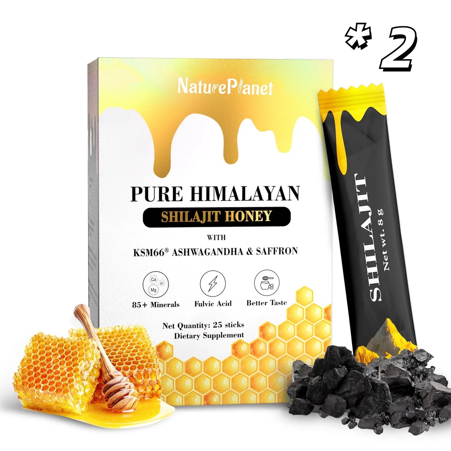 NaturePlanet Shilajit Honey Sticks with Ashwagandha & Saffron - 25 sticks