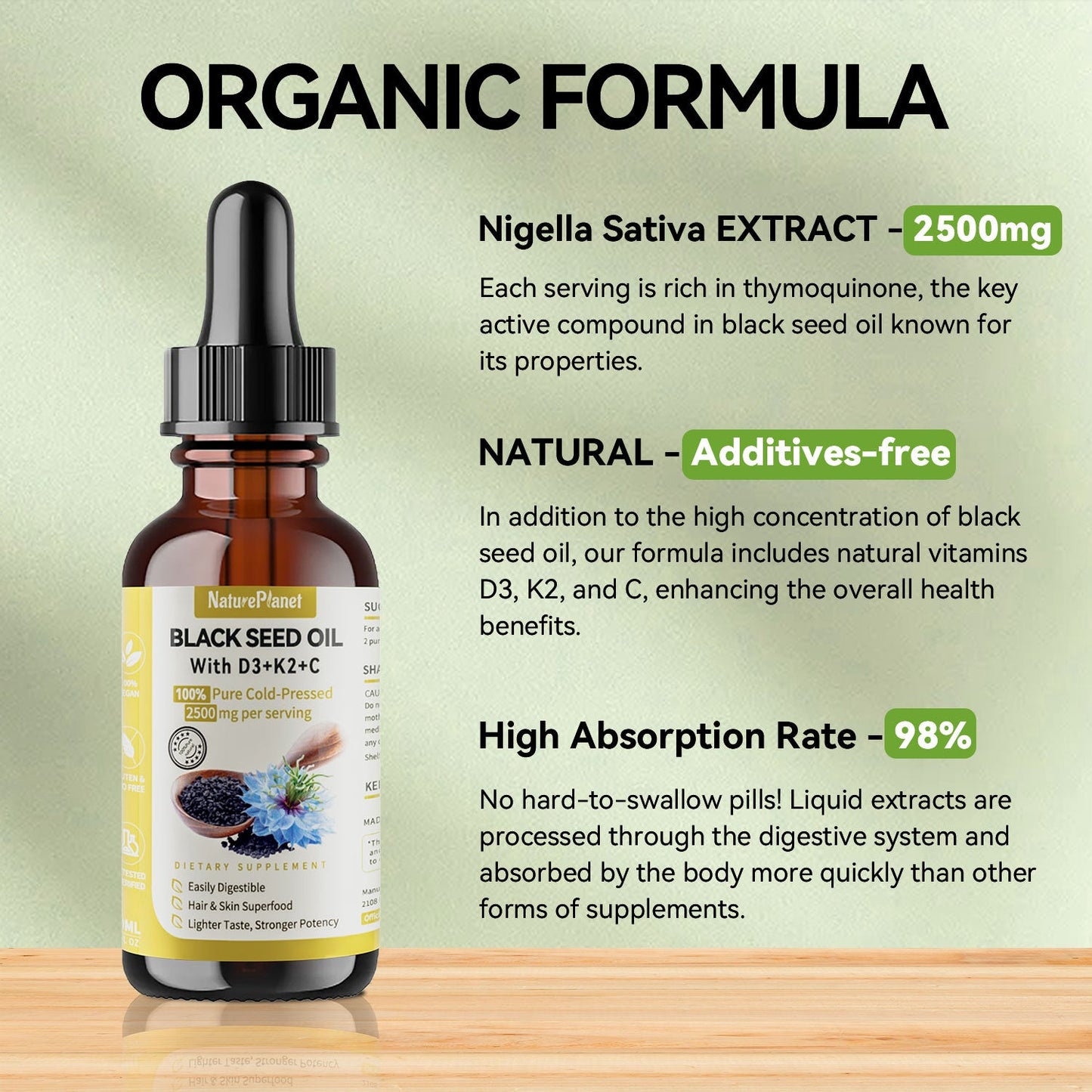 100% Organic Black Seed Oil with Vitamins D3+K2+C - Immune Support Oil