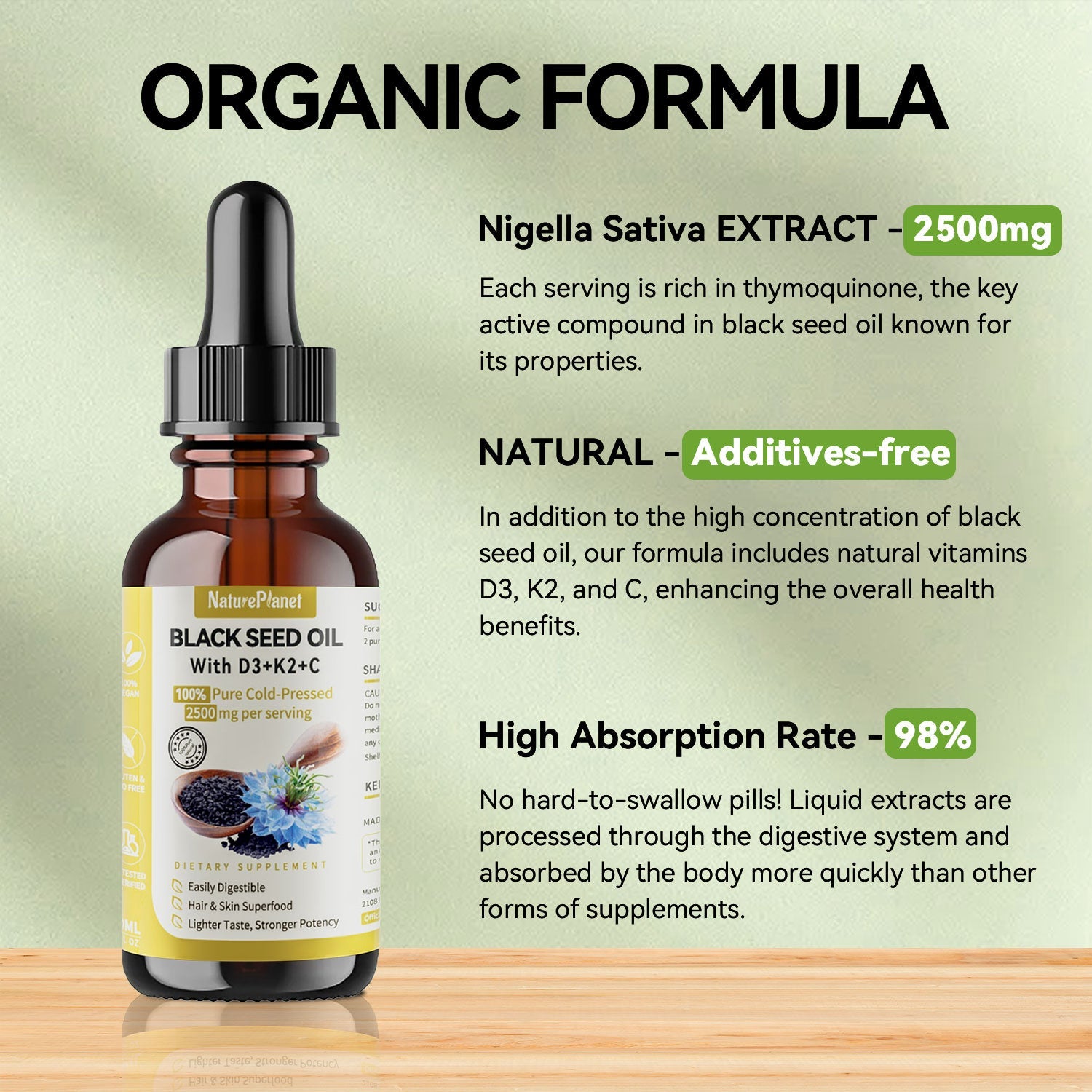 100% Organic Black Seed Oil with Vitamins D3+K2+C - Immune Support Oil