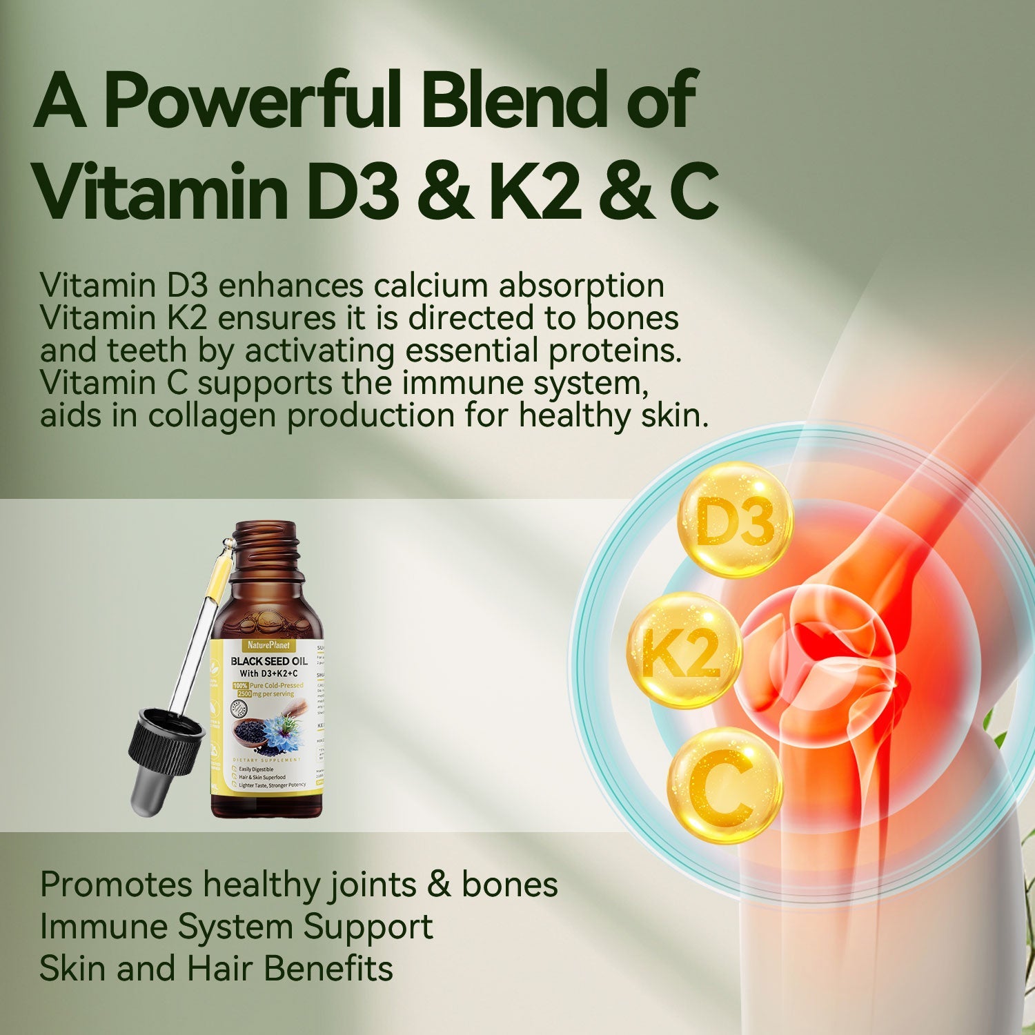 100% Organic Black Seed Oil with Vitamins D3+K2+C - Immune Support Oil