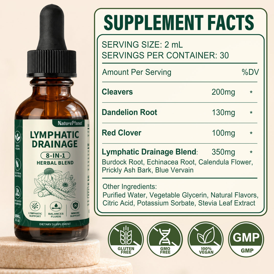 NaturePlanet 8-in-1 Lymphatic Drainage Drops with Cleavers, 60 mL