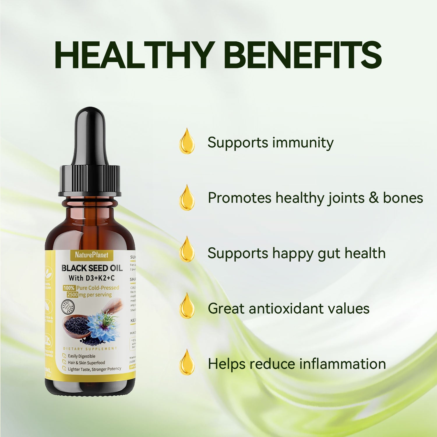 100% Organic Black Seed Oil with Vitamins D3+K2+C - Immune Support Oil