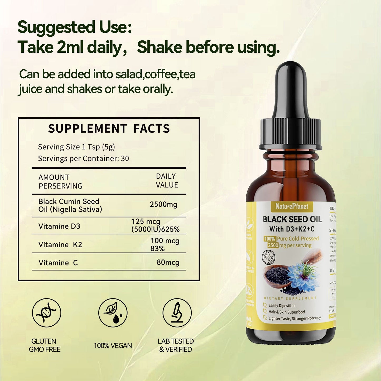 NaturePlanet Organic Black Seed Oil with Vitamin D3+K2+C- 60ml