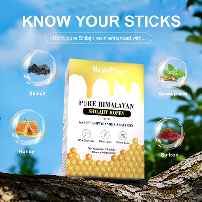 NaturePlanet Shilajit Honey Sticks with Ashwagandha & Saffron - 25 sticks