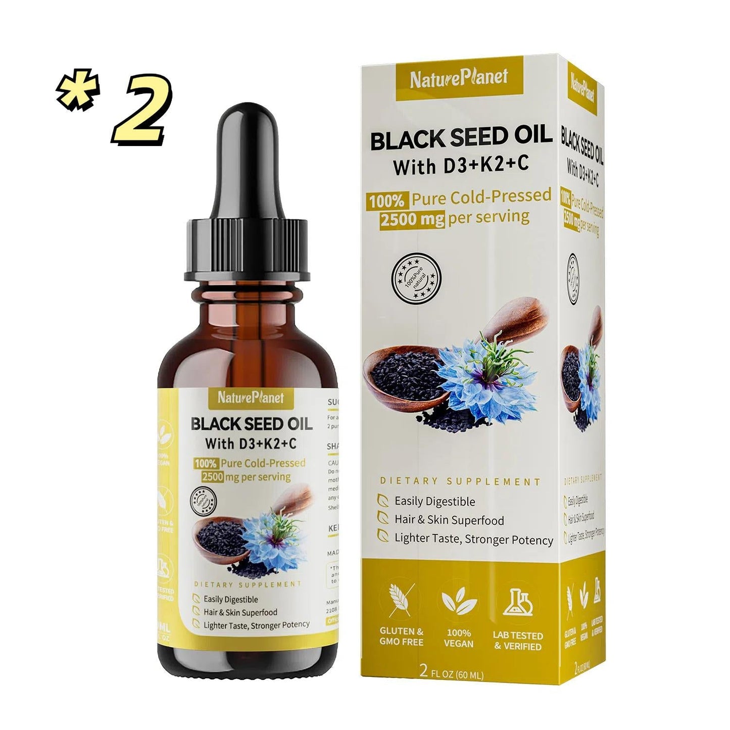 NaturePlanet Organic Black Seed Oil with Vitamin D3+K2+C- 60ml